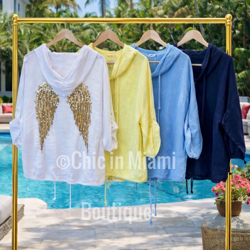 Puro Lino Italian Linen Zipper Jacket with Sequins Angel Wings